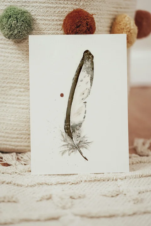 Image of a feather watercolor painting by Shayna Larsen, originals & prints available