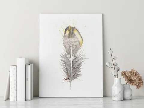 Image of a feather watercolor painting by Shayna Larsen, originals & prints available