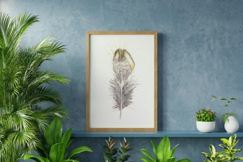 Image of a feather watercolor painting by Shayna Larsen, originals & prints available