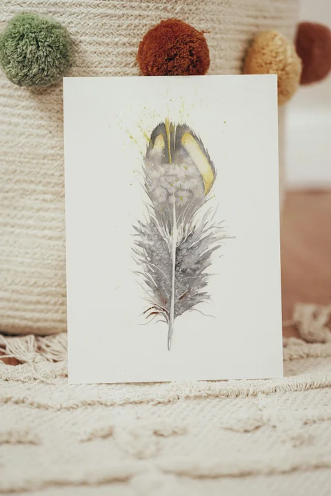 Image of a feather watercolor painting by Shayna Larsen, originals & prints available