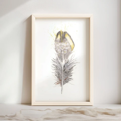 Image of a feather watercolor painting by Shayna Larsen, originals & prints available
