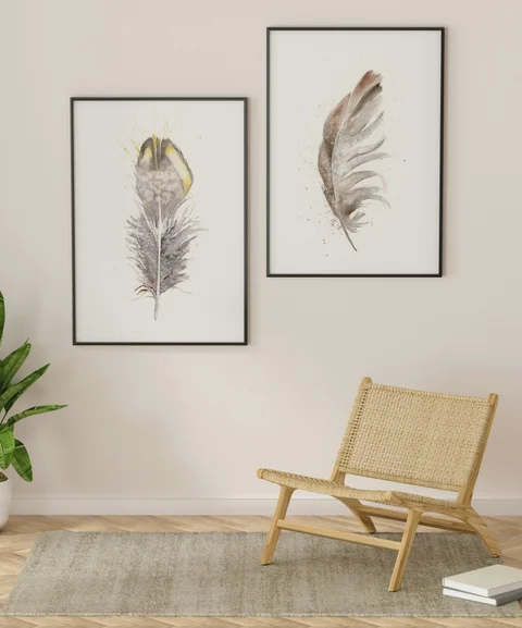 Image of a feather watercolor painting by Shayna Larsen, originals & prints available