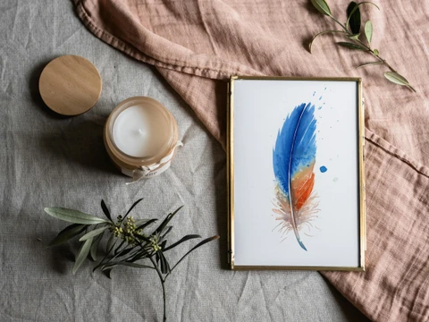 Image of a feather watercolor painting by Shayna Larsen, originals & prints available