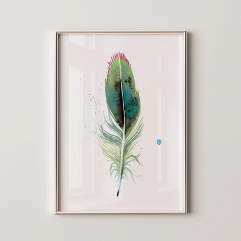 Image of a feather watercolor painting by Shayna Larsen, originals & prints available