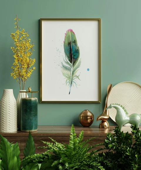 Image of a feather watercolor painting by Shayna Larsen, originals & prints available