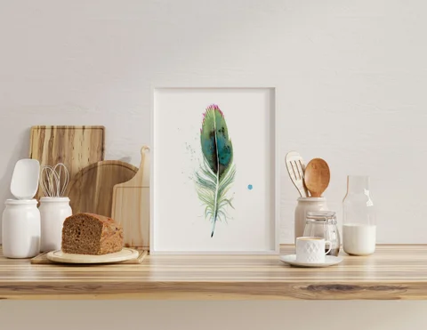 Image of a feather watercolor painting by Shayna Larsen, originals & prints available