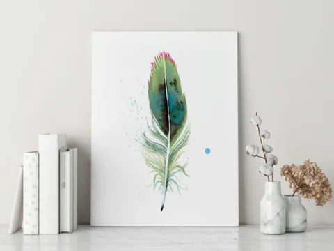 Image of a feather watercolor painting by Shayna Larsen, originals & prints available