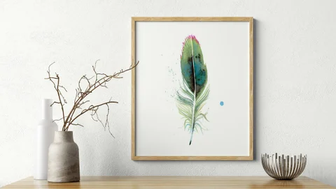 Image of a feather watercolor painting by Shayna Larsen, originals & prints available