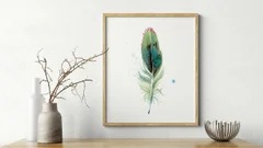 Image of a feather watercolor painting by Shayna Larsen, originals & prints available