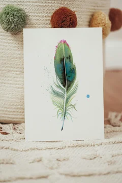 Image of a feather watercolor painting by Shayna Larsen, originals & prints available