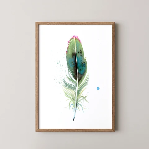 Image of a feather watercolor painting by Shayna Larsen, originals & prints available