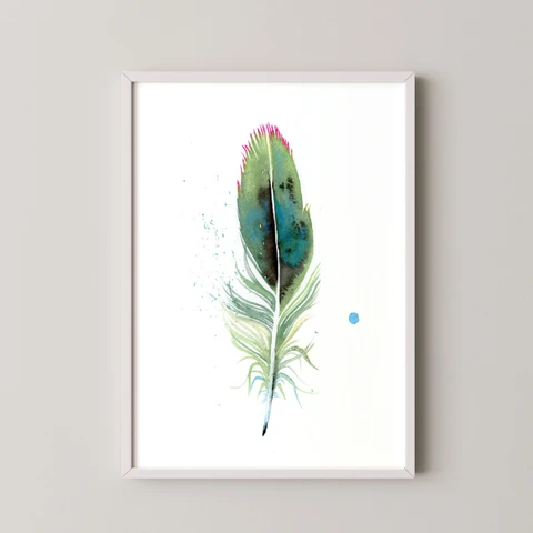 Image of a feather watercolor painting by Shayna Larsen, originals & prints available