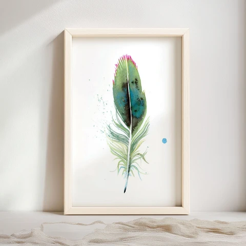 Image of a feather watercolor painting by Shayna Larsen, originals & prints available