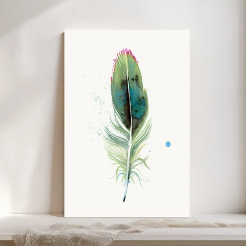 Image of a feather watercolor painting by Shayna Larsen, originals & prints available