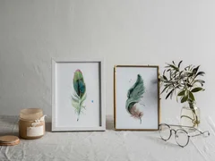 Image of a feather watercolor painting by Shayna Larsen, originals & prints available