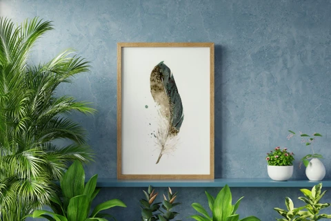 Image of a feather watercolor painting by Shayna Larsen, originals & prints available