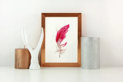 Image of a feather watercolor painting by Shayna Larsen, originals & prints available