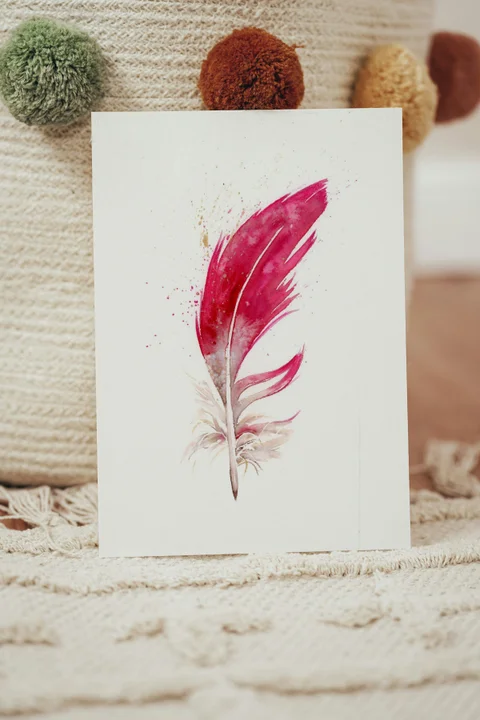 Image of a feather watercolor painting by Shayna Larsen, originals & prints available
