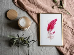Image of a feather watercolor painting by Shayna Larsen, originals & prints available