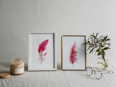 Image of a feather watercolor painting by Shayna Larsen, originals & prints available