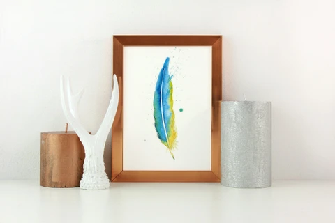 Image of a feather watercolor painting by Shayna Larsen, originals & prints available