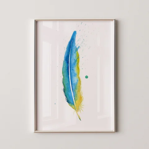 Image of a feather watercolor painting by Shayna Larsen, originals & prints available