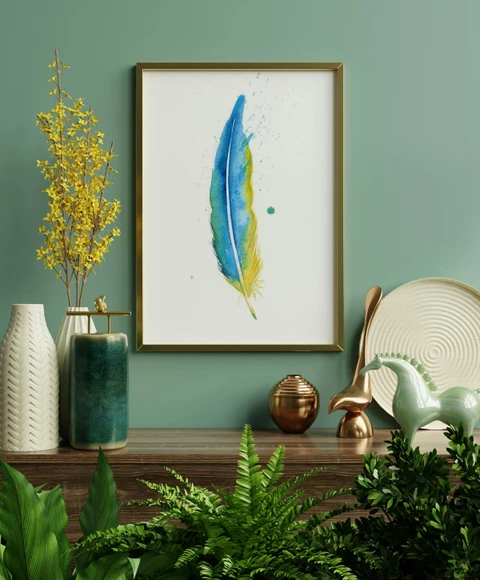 Image of a feather watercolor painting by Shayna Larsen, originals & prints available