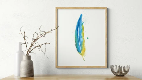 Image of a feather watercolor painting by Shayna Larsen, originals & prints available