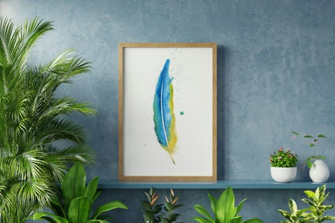 Image of a feather watercolor painting by Shayna Larsen, originals & prints available
