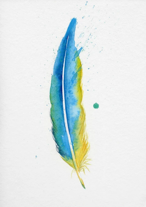 Image of a feather watercolor painting by Shayna Larsen, originals & prints available