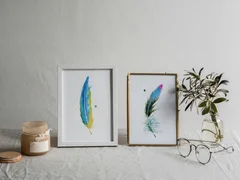Image of a feather watercolor painting by Shayna Larsen, originals & prints available