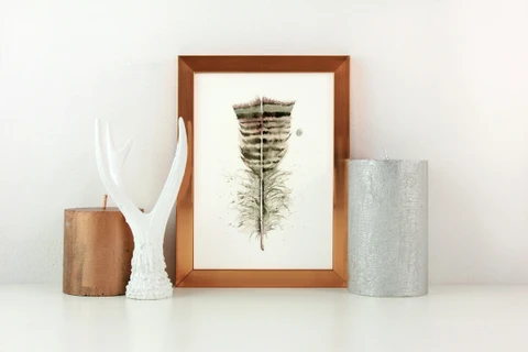 Image of a feather watercolor painting by Shayna Larsen, originals & prints available
