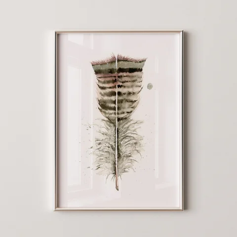 Image of a feather watercolor painting by Shayna Larsen, originals & prints available