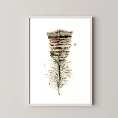 Image of a feather watercolor painting by Shayna Larsen, originals & prints available
