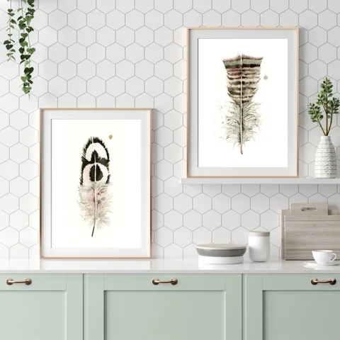 Image of a feather watercolor painting by Shayna Larsen, originals & prints available