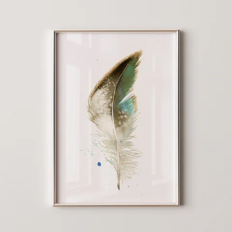 Image of a feather watercolor painting by Shayna Larsen, originals & prints available