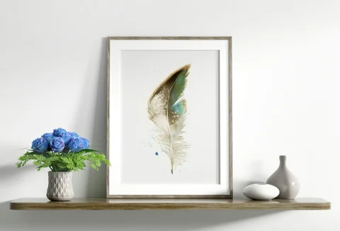 Image of a feather watercolor painting by Shayna Larsen, originals & prints available