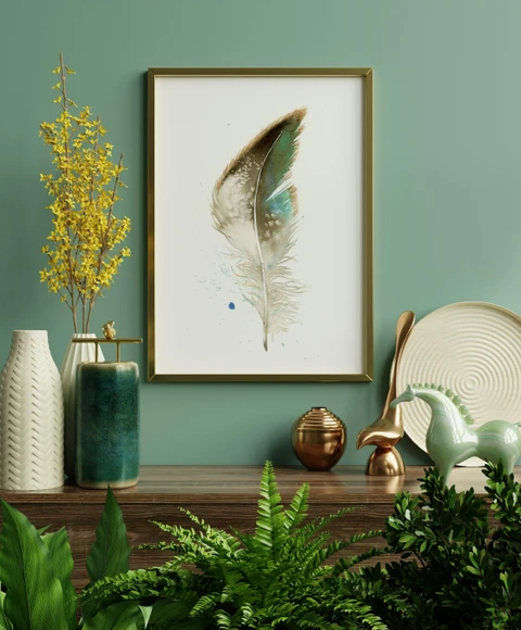 Image of a feather watercolor painting by Shayna Larsen, originals & prints available