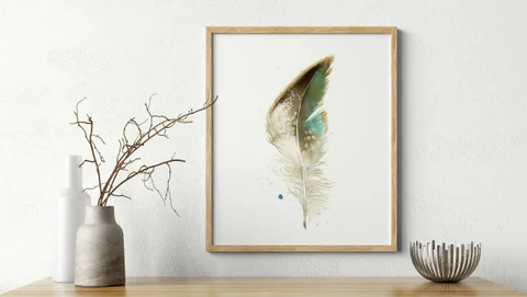 Image of a feather watercolor painting by Shayna Larsen, originals & prints available