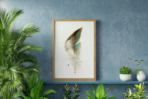 Image of a feather watercolor painting by Shayna Larsen, originals & prints available