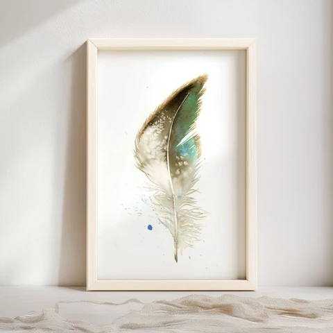 Image of a feather watercolor painting by Shayna Larsen, originals & prints available