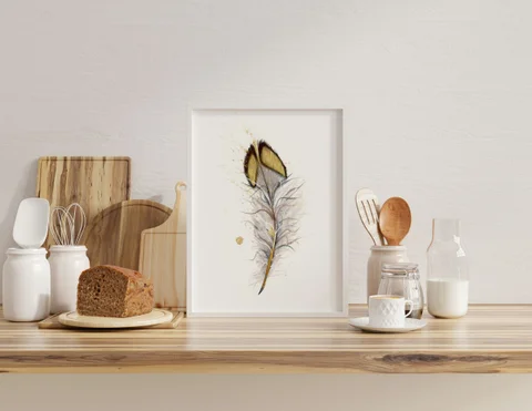 Image of a feather watercolor painting by Shayna Larsen, originals & prints available