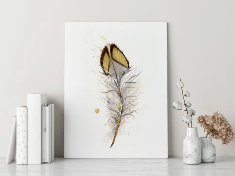 Image of a feather watercolor painting by Shayna Larsen, originals & prints available