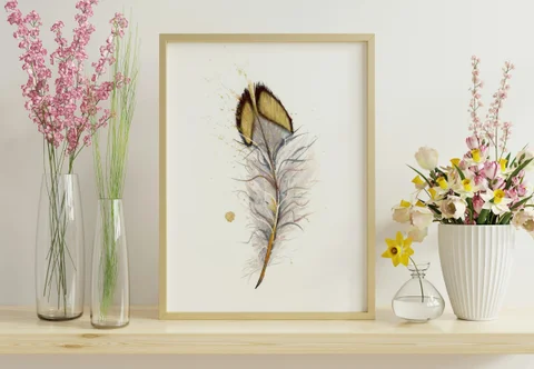 Image of a feather watercolor painting by Shayna Larsen, originals & prints available