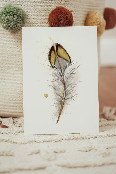 Image of a feather watercolor painting by Shayna Larsen, originals & prints available