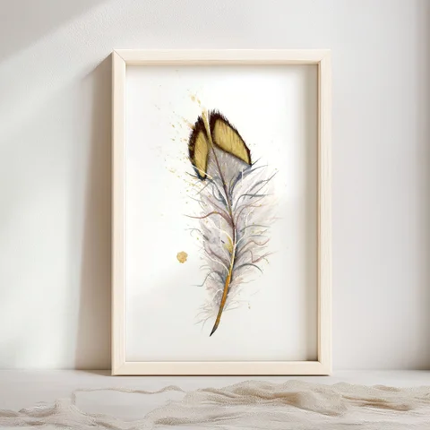 Image of a feather watercolor painting by Shayna Larsen, originals & prints available