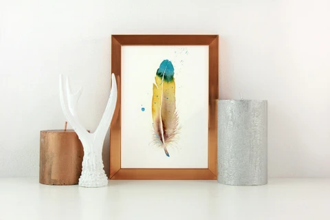 Image of a feather watercolor painting by Shayna Larsen, originals & prints available