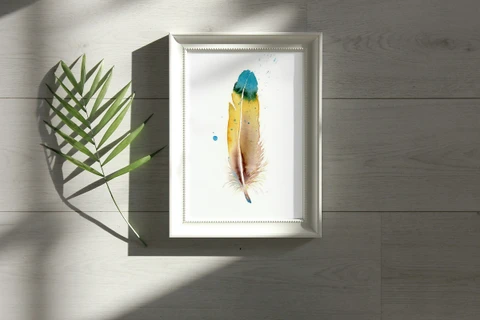 Image of a feather watercolor painting by Shayna Larsen, originals & prints available