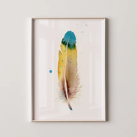Image of a feather watercolor painting by Shayna Larsen, originals & prints available
