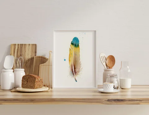 Image of a feather watercolor painting by Shayna Larsen, originals & prints available